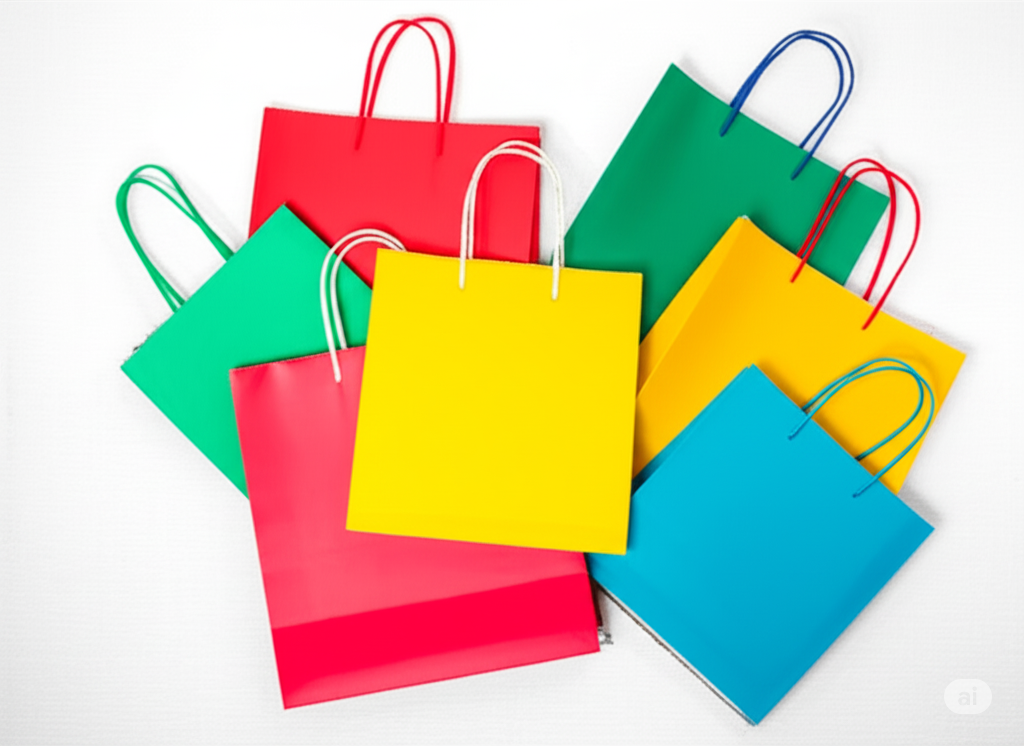 Várias sacolas de papel personalizadas sobre bancada de madeira